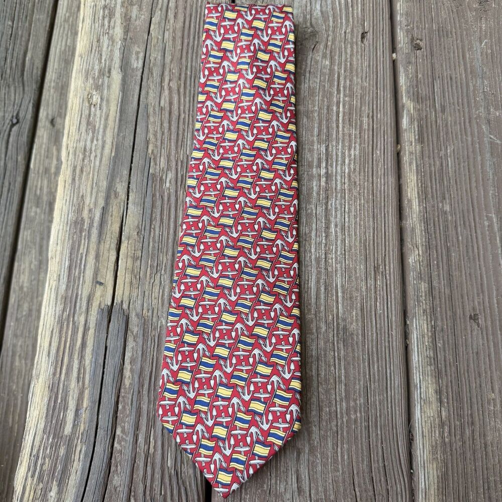 Saks Fifth Avenue 100% Silk Nautical Anchor Flag Tie Made in Italy Red Necktie